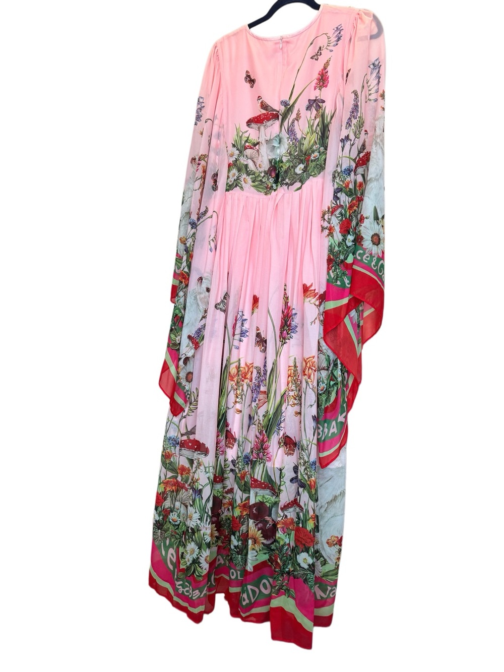 Designer-style Rabbit Print Chiffon Maxi Dress with Scarf-Style Sleeves -Pink